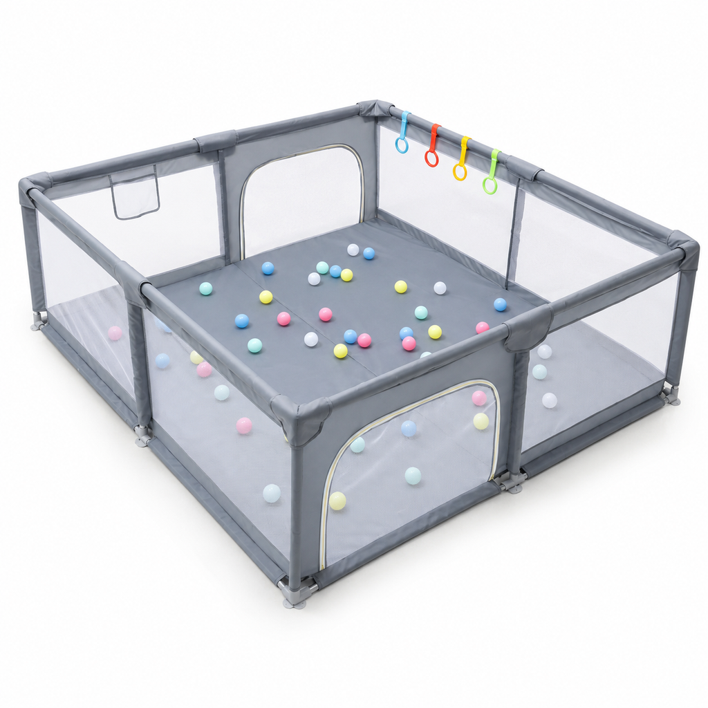 Parc Bébé Pliable Gris avec Barrière de Sécurité
