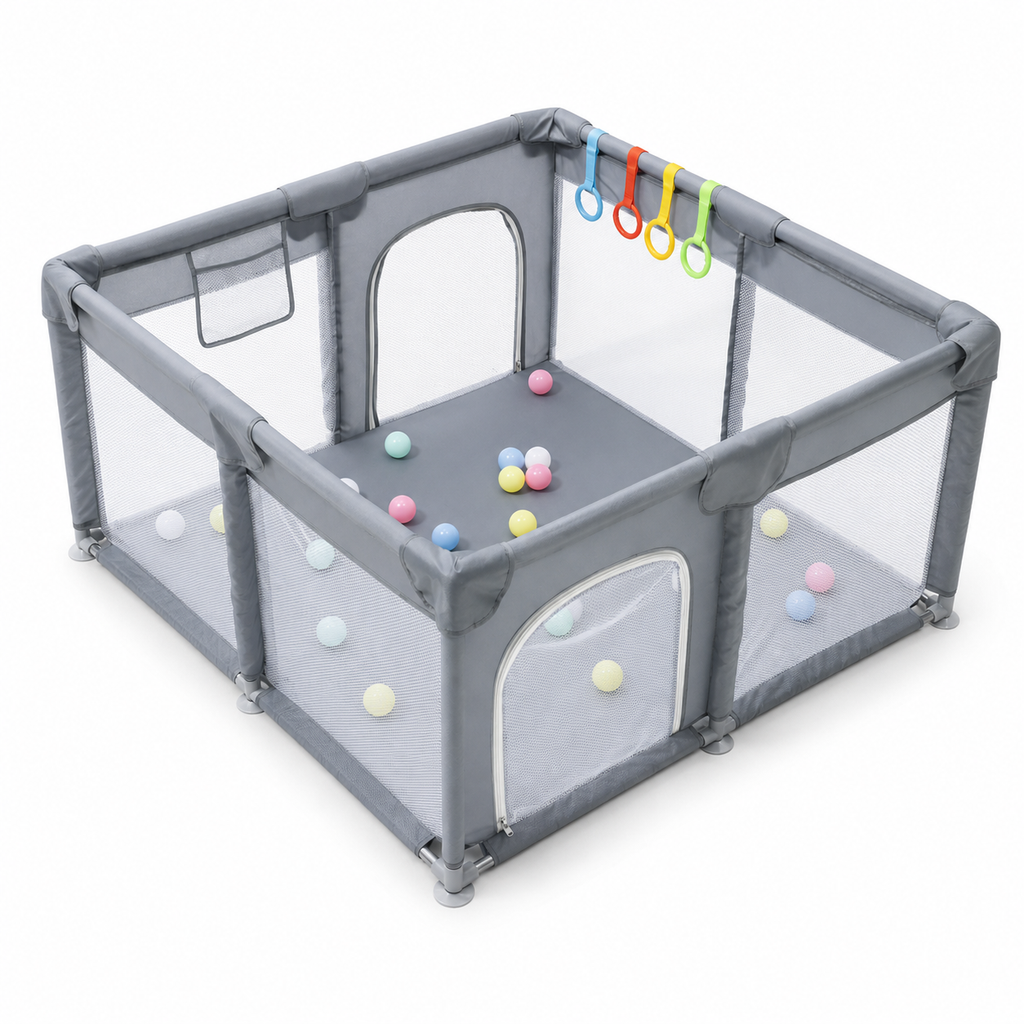 Parc Bébé Pliable Gris avec Barrière de Sécurité