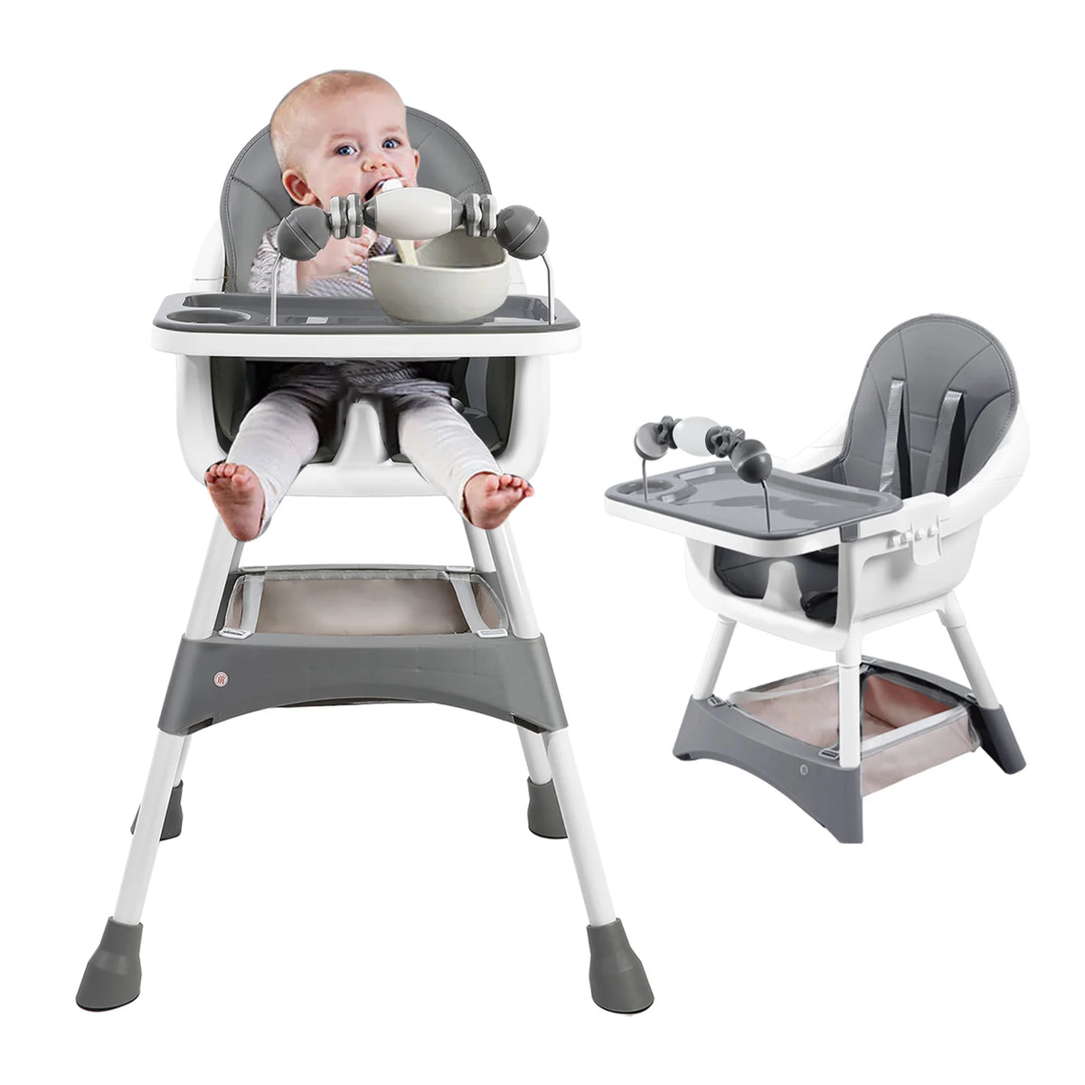 Chaise Haute Bébé Convertible avec Plateau Double et Rangement Jouets